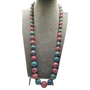 Vintage Wood Bead Necklace Pink Blue Pastel 26" Graduated